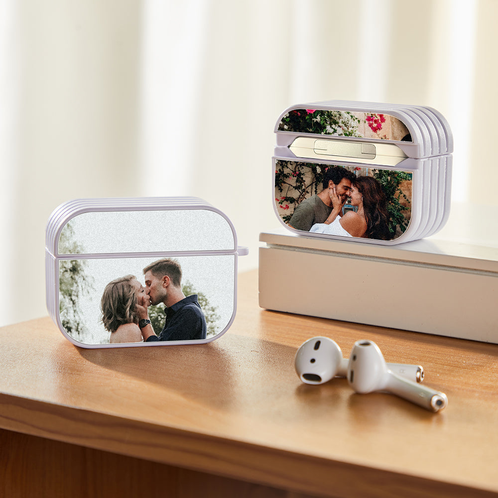 Alternate angle of a personalised AirPods case featuring a high-resolution photo print.