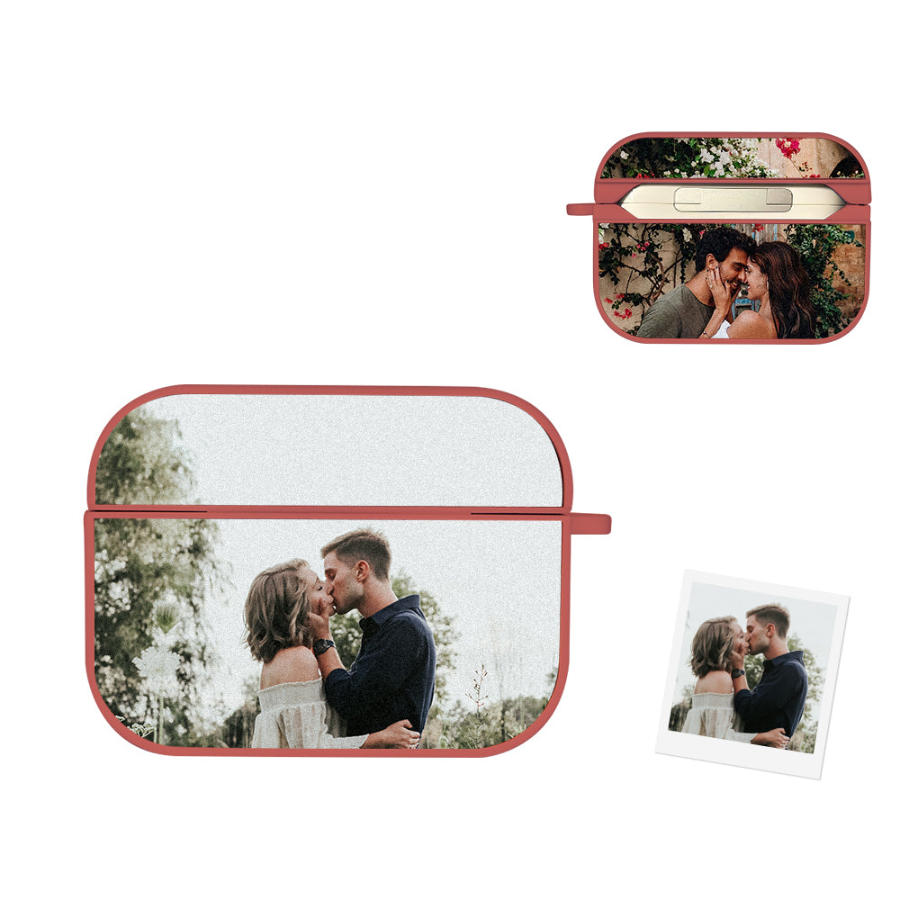 Product shot of a personalised AirPods case with photo print and slim protective design.