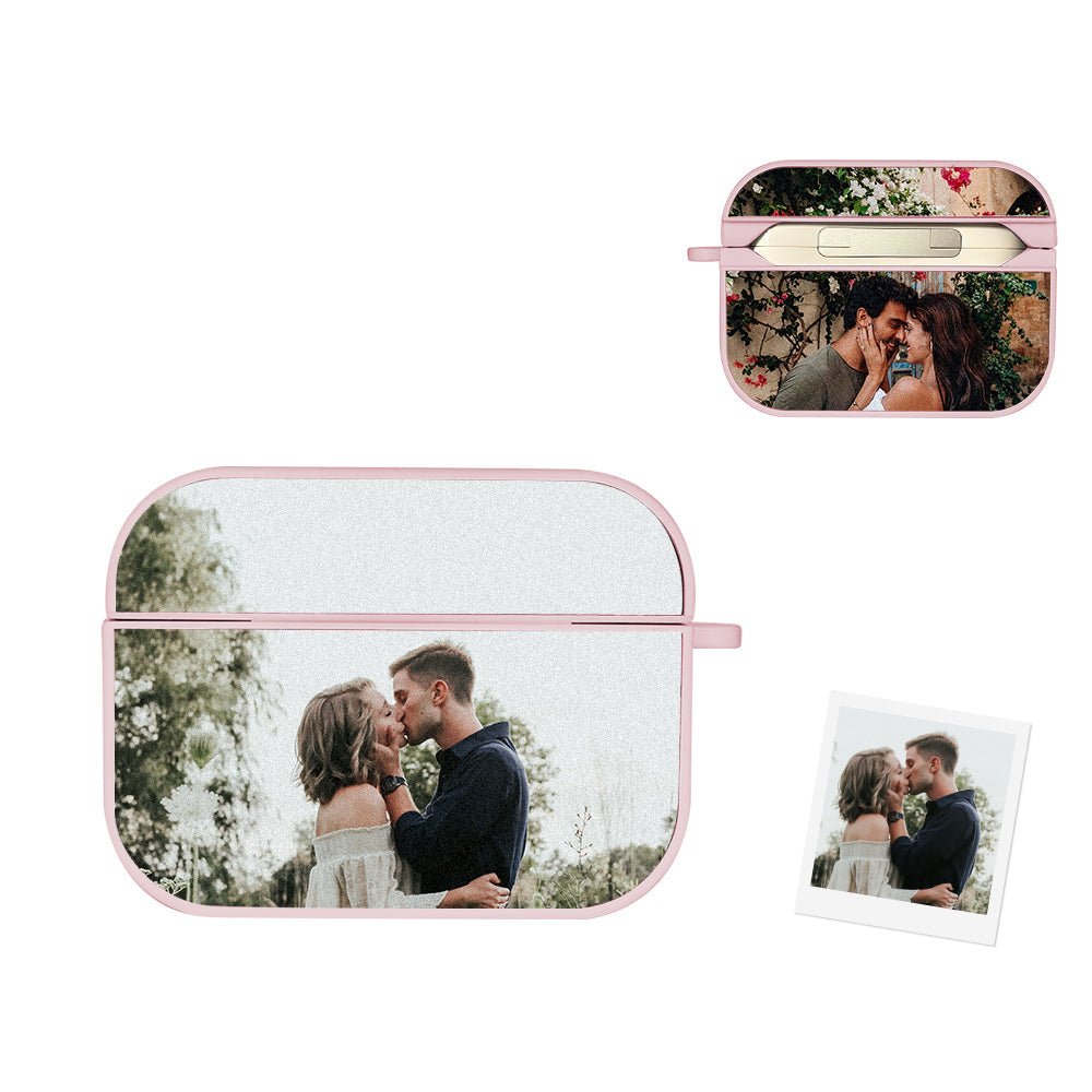 Personalised AirPods case shown from multiple angles with printed photo.