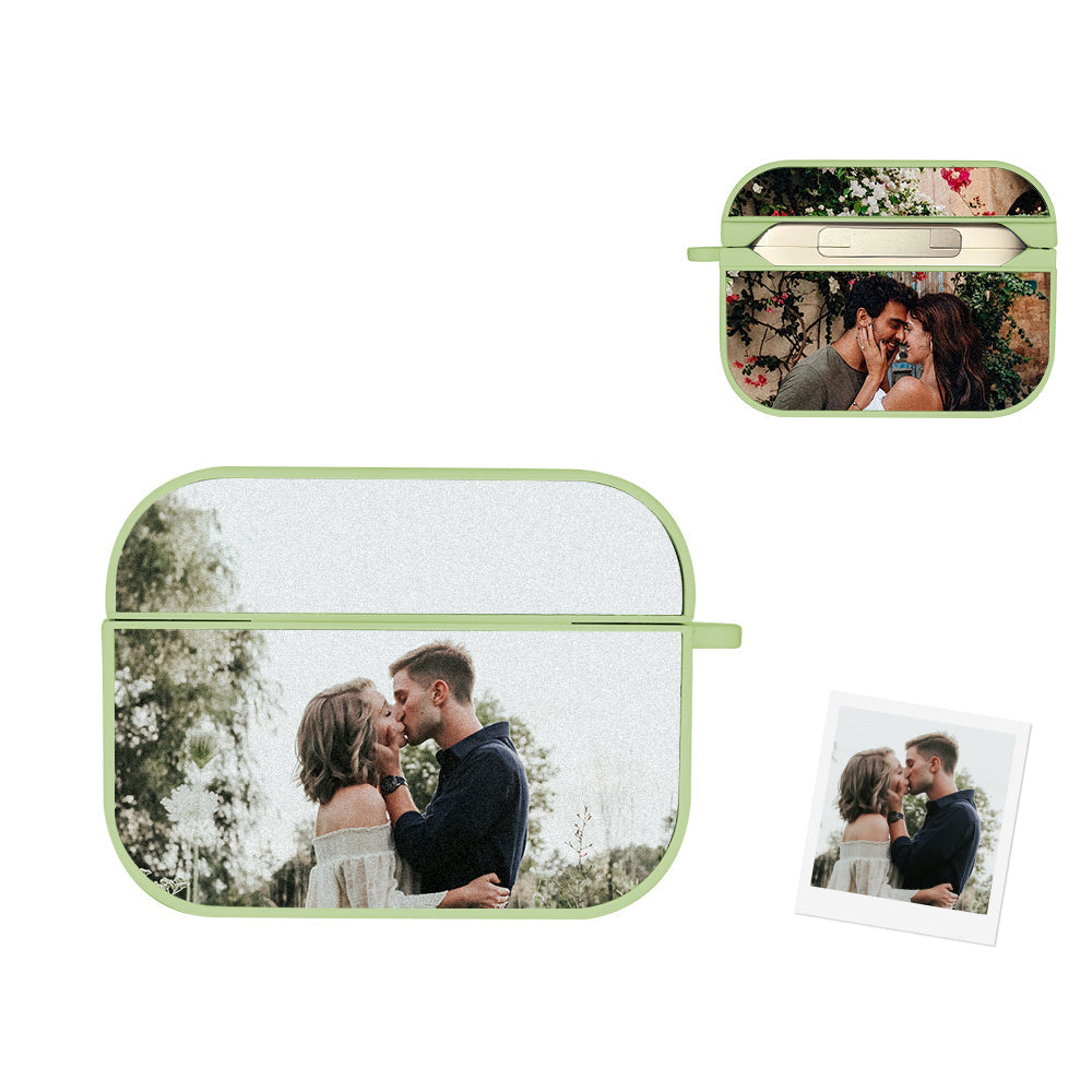 Lifestyle image featuring a customised photo AirPods case on a desk.