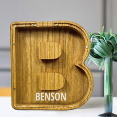 Personalised 26 Letters Piggy Bank - Custom Name Wooden Money Box in Tung Wood