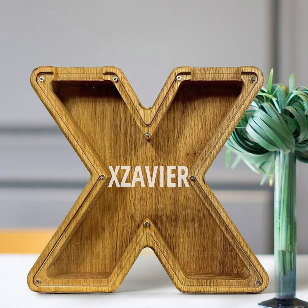 Personalised 26 Letters Piggy Bank - Custom Name Wooden Money Box in Tung Wood