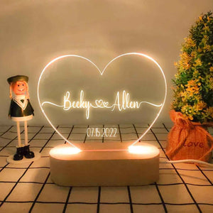 Heart Shaped Acrylic Plaque Personalized Name and Date Night Light