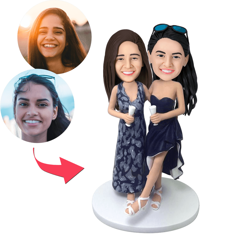Custom Lesbian Couple Bobblehead pair – personalised handcrafted polymer clay figures with engraved text on base, ideal same-sex wedding or anniversary gift