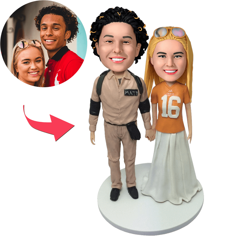 Personalised couple bobblehead with engraved base — handmade polymer clay figurine, custom heads made from photos, ideal anniversary gift (Australia & UK)