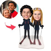 Custom Skiing Couple Bobblehead with Personalised Engraved Text – Handmade Gift