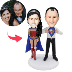 Personalised Superheroes Couple Bobblehead with Engraved Text | Handmade Custom Gift