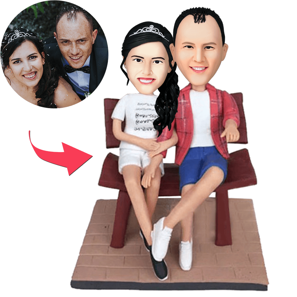 Personalised 'Couple in the Chair' bobblehead with engraved name on base, polymer clay figurine of a seated couple – custom couple bobblehead and personalised anniversary gift