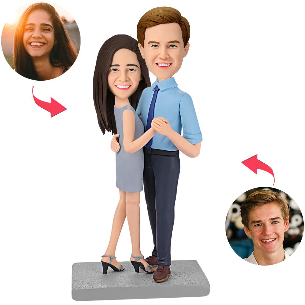 Happy Dancing Couple personalised bobblehead in polymer clay with engraved text on base, handcrafted custom heads made from photos — ideal personalised couple gift for anniversaries and weddings