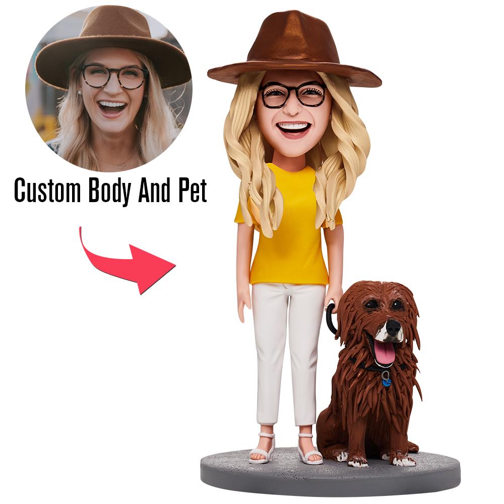 Personalised woman and pet bobblehead with engraved base showing custom text handcrafted polymer clay keepsake gift
