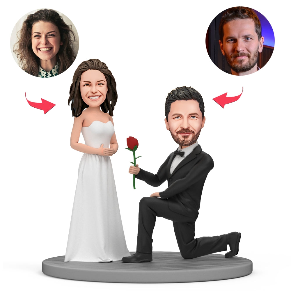 Personalised kneel-on-one-knee proposal couple bobblehead in polymer clay with engraved text — groom kneeling to propose to bride, handcrafted engagement keepsake