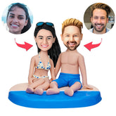 Personalised Couple Beach Bobblehead with Engraved Text - Handmade Sitting Pose