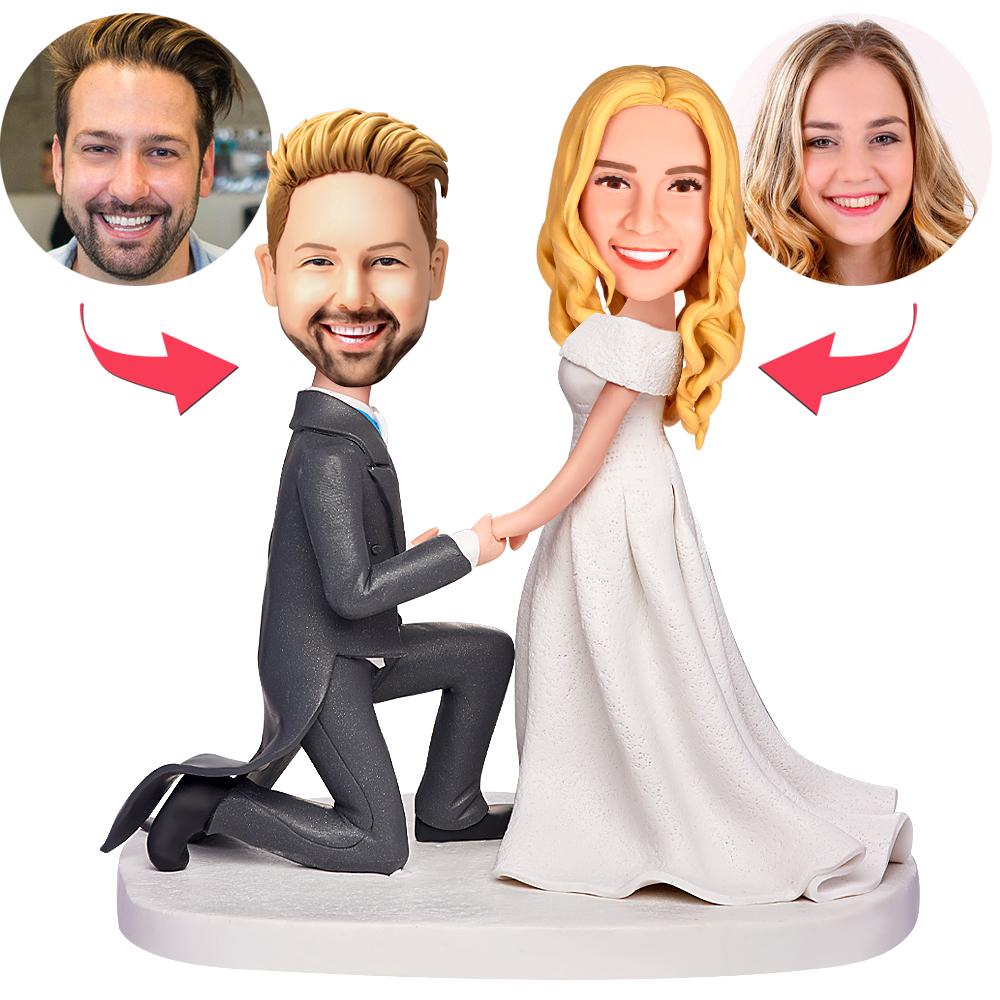 Personalised Proposal Bobblehead with engraved text, handcrafted polymer clay figure featuring a customised head and classic posed body — a unique personalised proposal keepsake