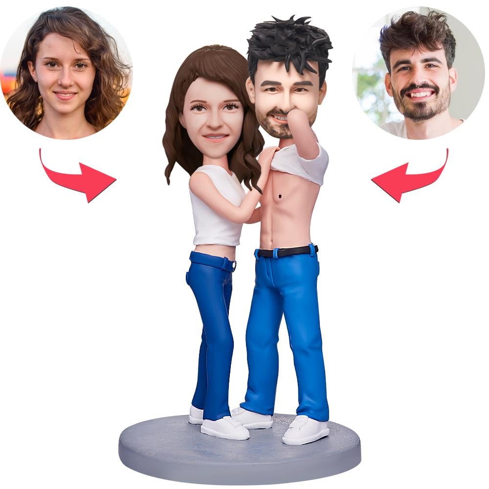 Come On Baby personalised couple bobbleheads in polymer clay with custom heads and engraved base text – handcrafted keepsake for engagements, anniversaries or baby announcements