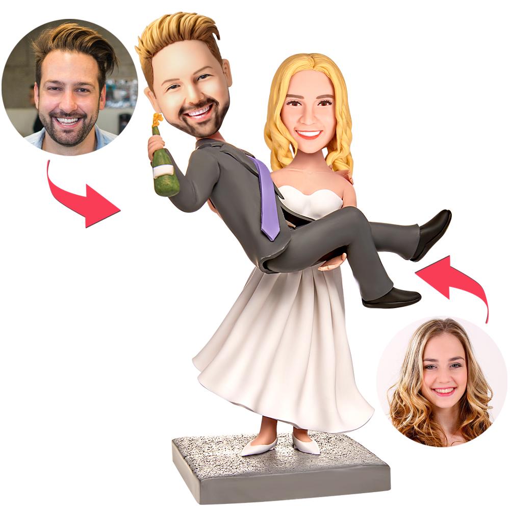 Personalised 'Lady Holding Man' champagne bobblehead with engraved text – handcrafted polymer clay couple figurine, custom head bobblehead wedding and anniversary keepsake