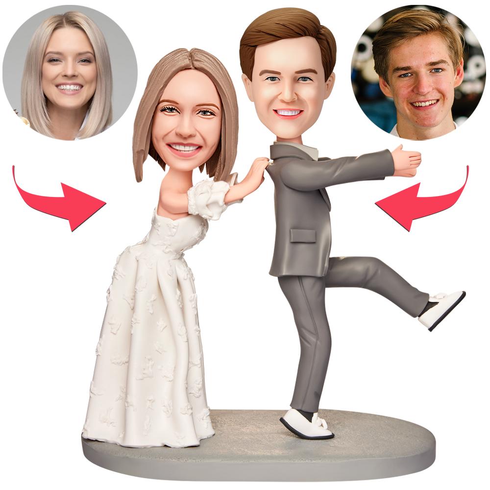 Personalised 'Don't Run' bridegroom bobblehead with engraved base and custom polymer clay head – perfect custom wedding bobblehead gift