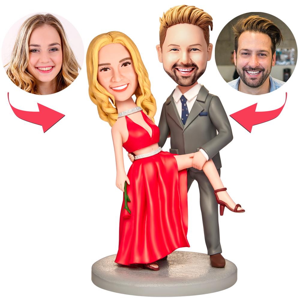 Personalised wedding bobblehead in hot red dress on engraved base – polymer clay figurine with customisable head and engraved text