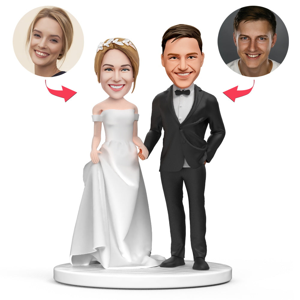 Personalised couple wedding bobblehead of bride in a white dress and groom in a black suit – polymer clay keepsake with customised heads to match your photos and optional engraved base