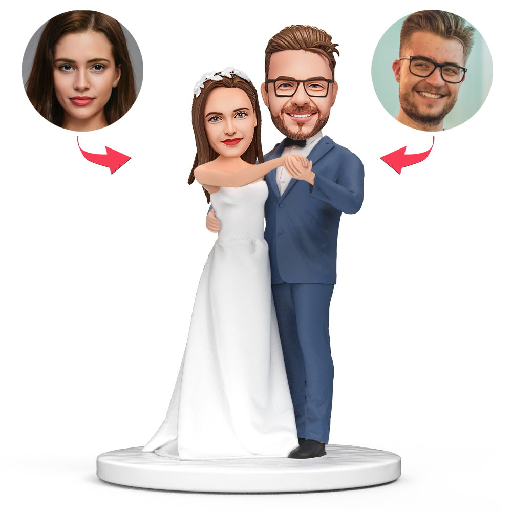 Romance Double Dance wedding personalised bobblehead with engraved text, hand‑crafted polymer clay dancing couple with personalised heads and engraved names or date — ideal personalised wedding gift