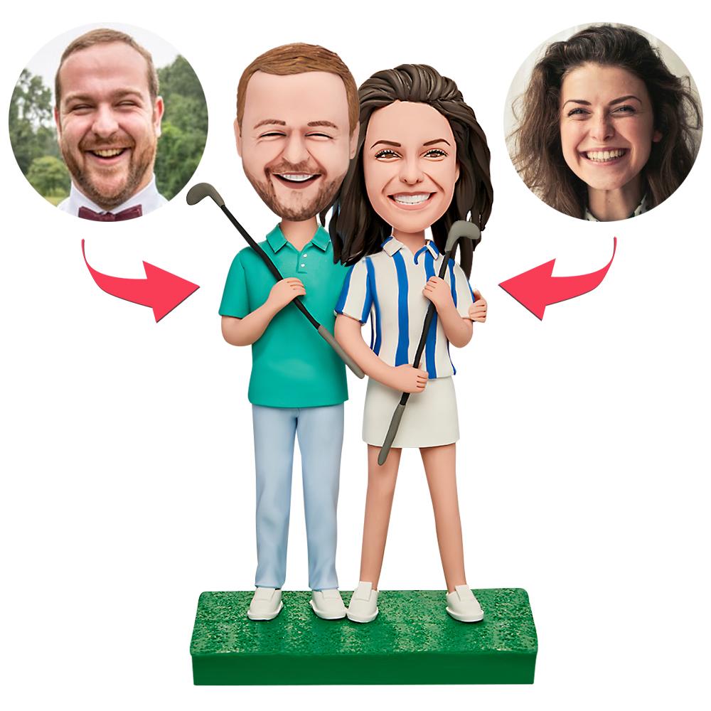 Personalised couple playing golf bobblehead with engraved base — handcrafted polymer clay custom golf figurine showing a couple with clubs, ideal wedding or anniversary keepsake
