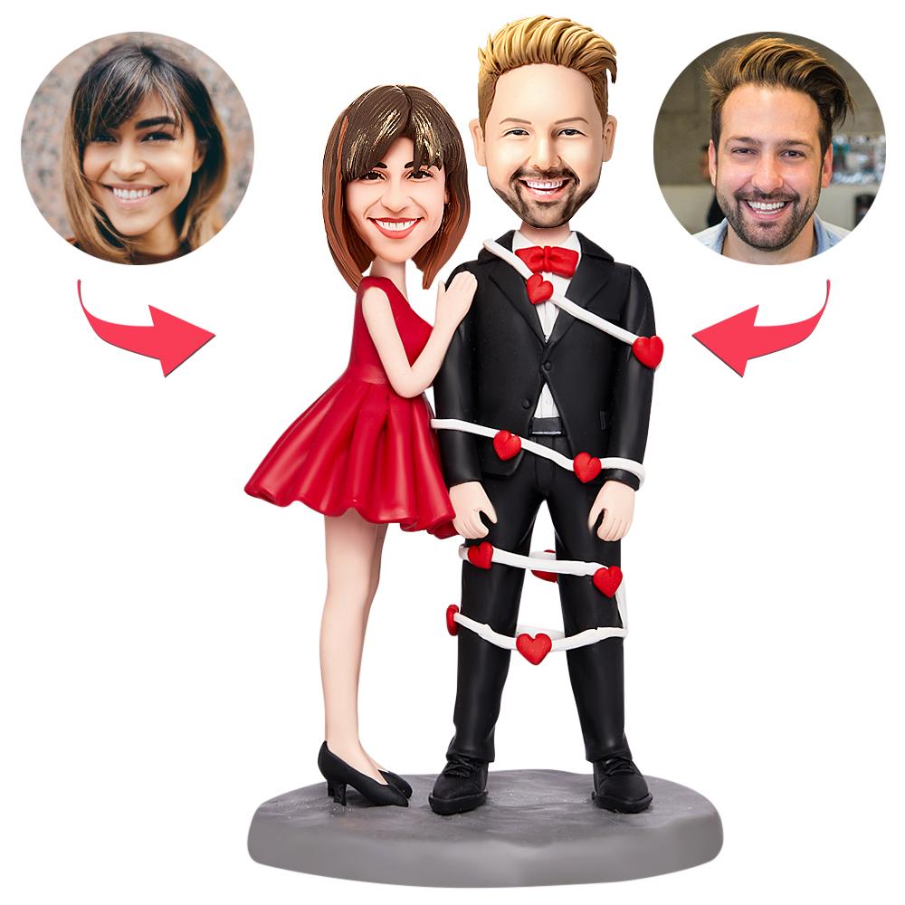 Personalised Love Game custom bobblehead Valentines gift – polymer clay couple figurine with personalised head and engraved base, ideal romantic keepsake for UK & Australia