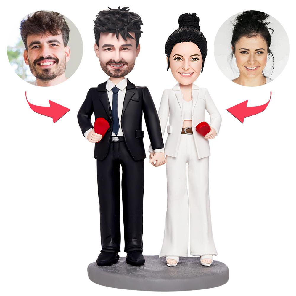 Valentine's personalised polymer clay couple bobblehead with engraved text on base — custom faces and hairstyles, perfect romantic gift for UK and Australia