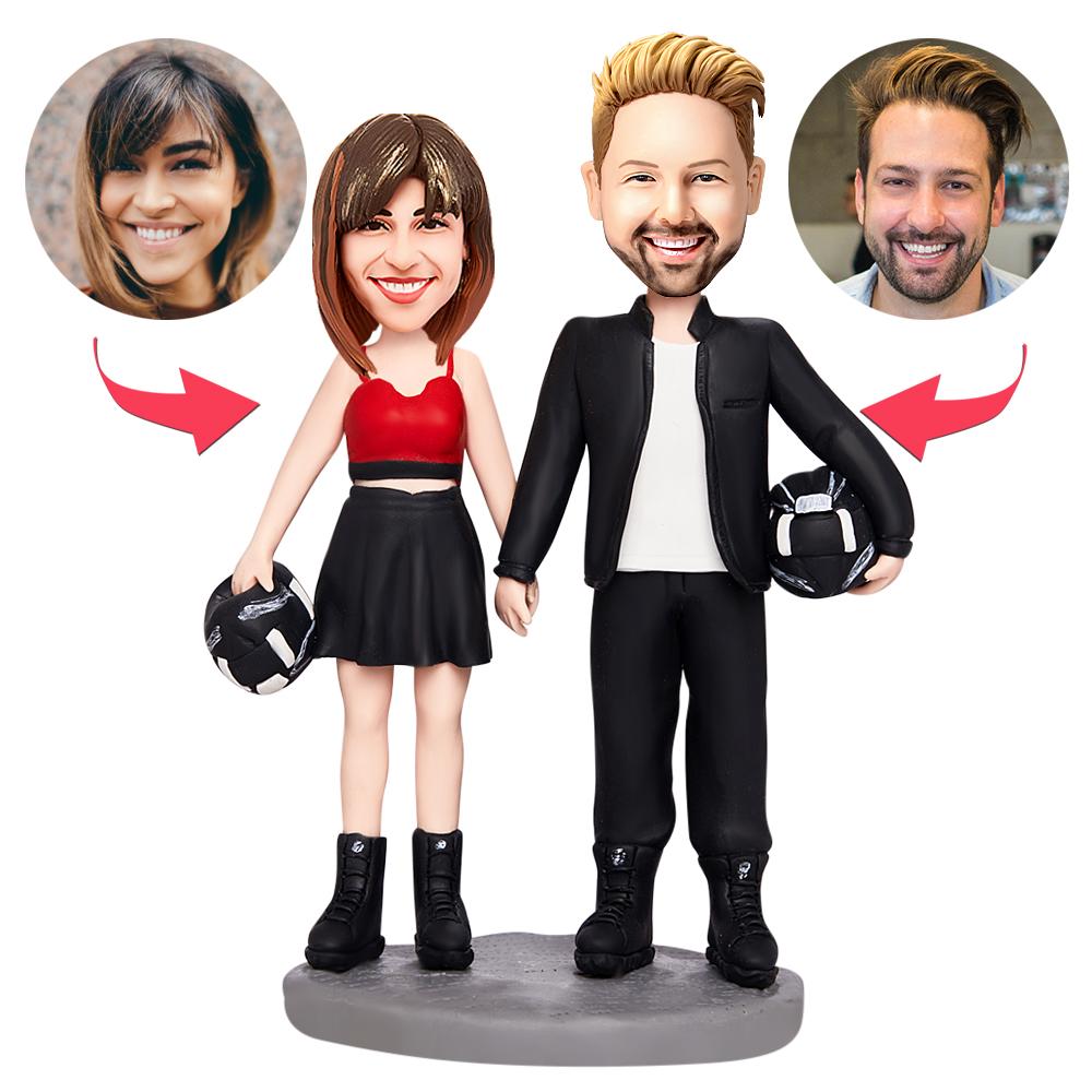 Valentines racing driver couple personalised bobblehead with engraved text on base — handcrafted polymer clay racing couple with photo-personalised heads, ideal personalised Valentines gift