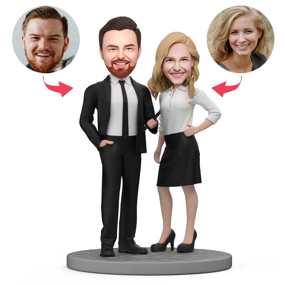 Boss's Day Sale personalised polymer clay bobblehead for male and female partners — custom head (hairstyle & expression), stationary or bobble option