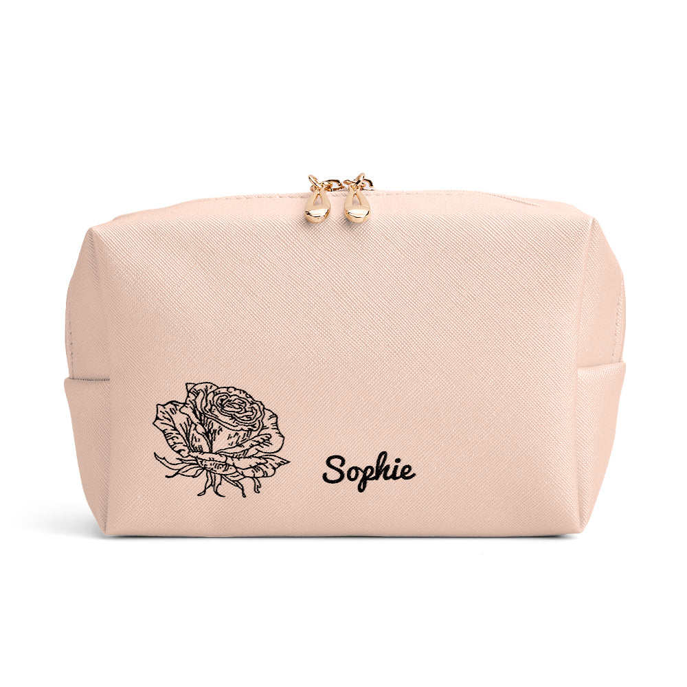 Detailed shot of secure zip closure and neat stitching on the personalised leather make-up pouch, built to withstand travel