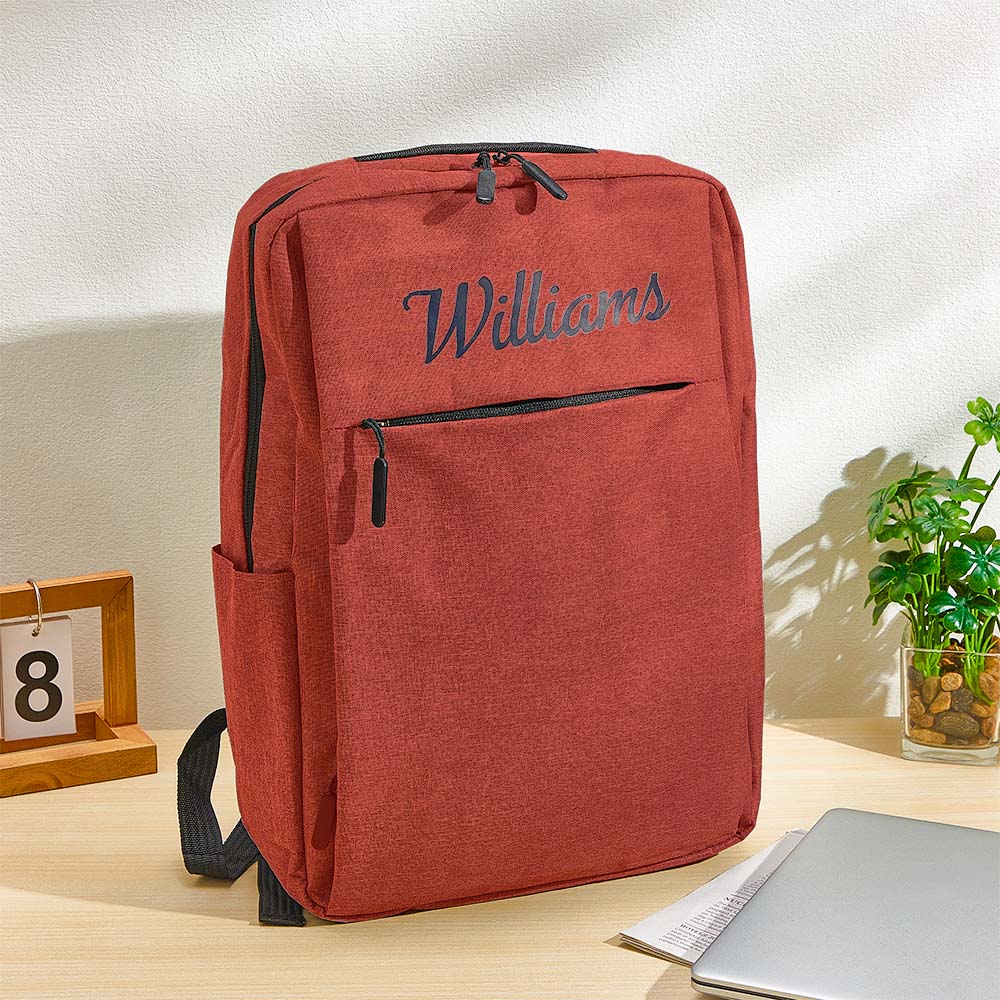 Side profile of personalised name backpack showing 13cm depth, zip pockets and sturdy build — practical personalised college bag for commuting and travel