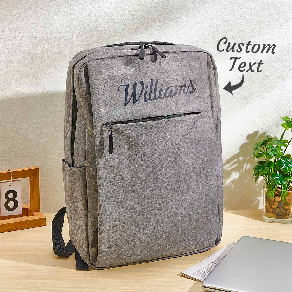 Personalised name backpack front view — custom 15.6-inch laptop backpack in durable polyester, ideal personalised college bag for men and women