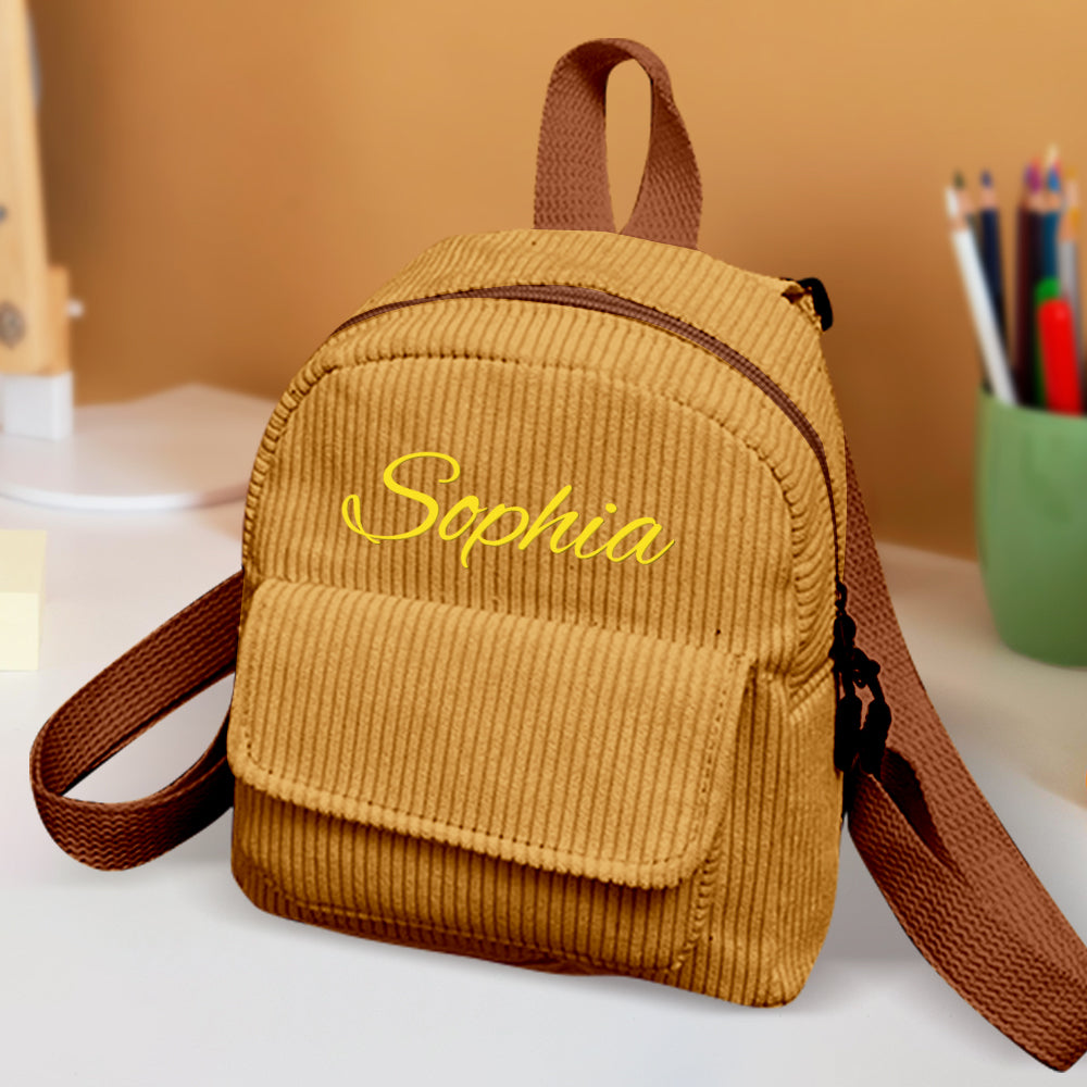 Front pocket and zip detail of personalised corduroy school bag – durable mini backpack for nursery and school