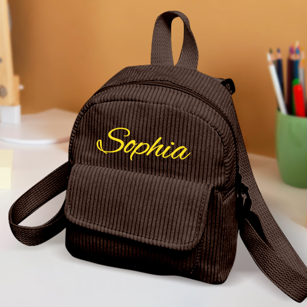 Personalised mini corduroy backpack presented as a gift – back to school and birthday present idea