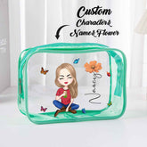 Personalized Cartoon Girl Birth Flower Clear Waterproof Makeup Bag with Name Birthday Gift for Her