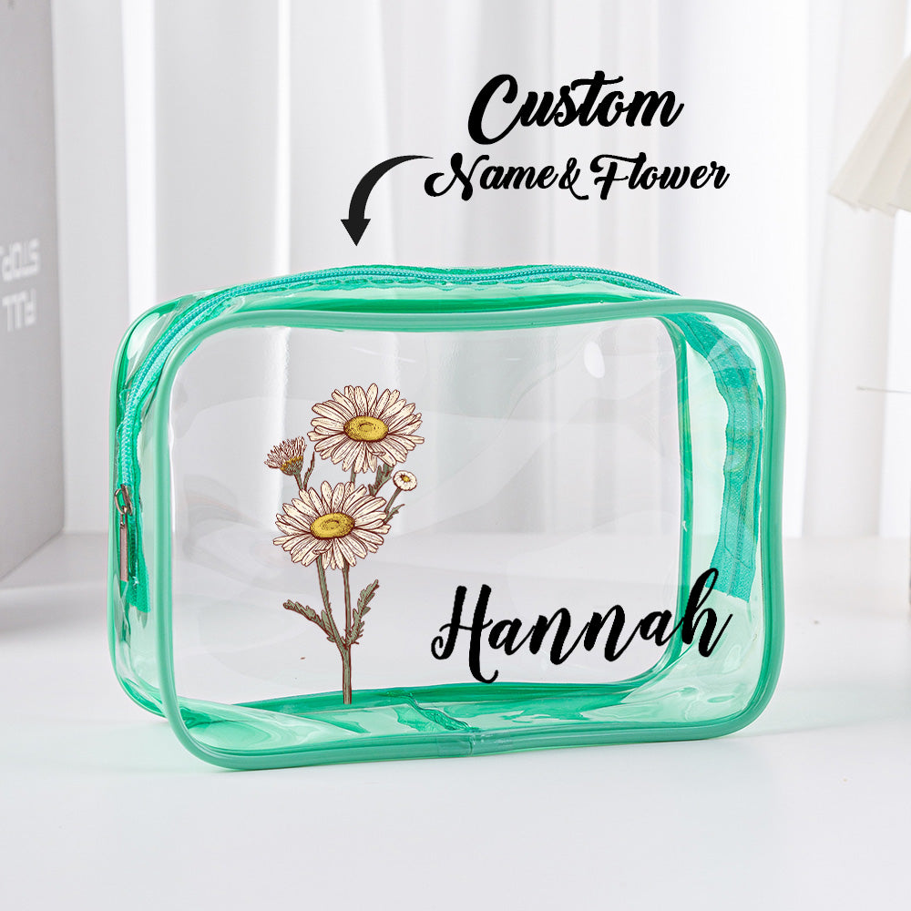 Zip and material detail of transparent personalised makeup bag showing sturdy waterproof PVC – ideal bridesmaid gift