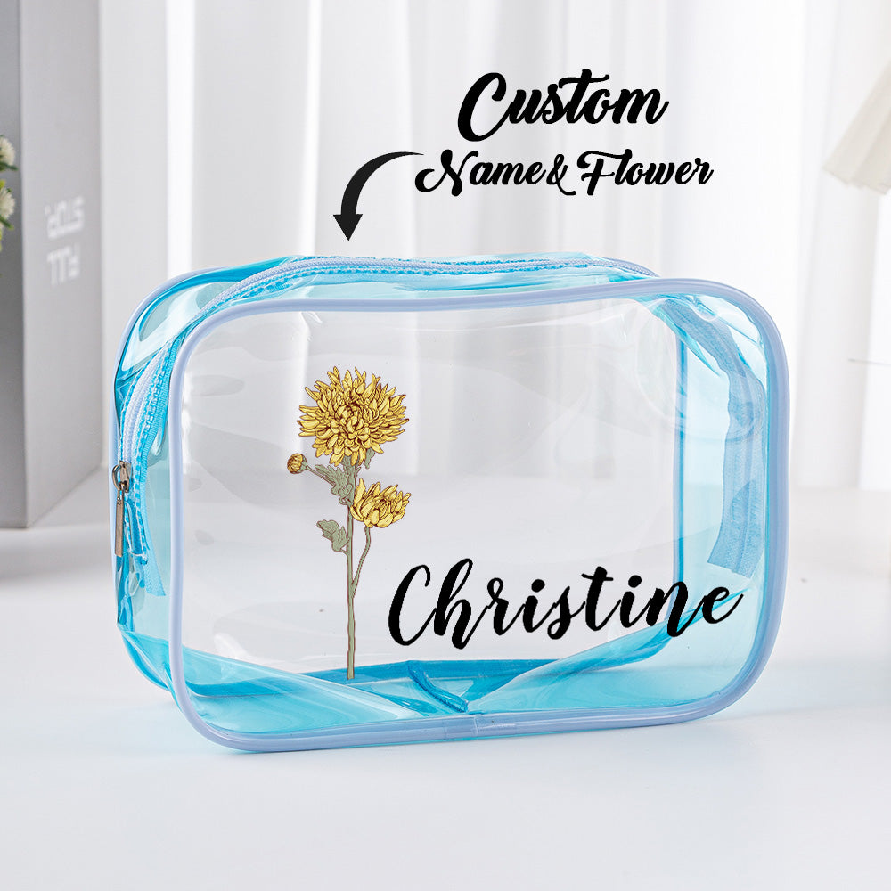Personalised clear travel cosmetic pouch packed in suitcase – transparent toiletry bag compliant for event security