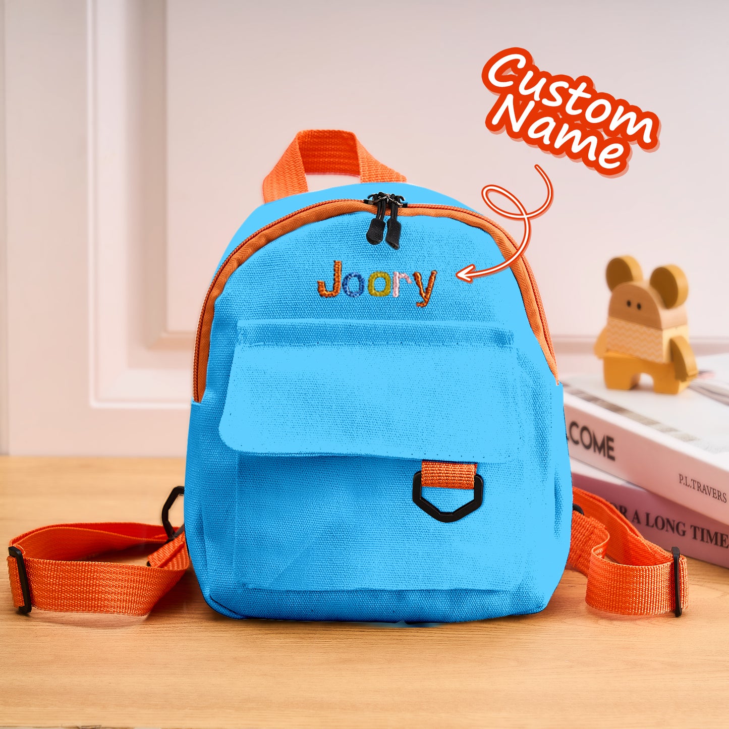 Rear view showing adjustable straps and padded back of personalised mini corduroy backpack — comfortable fit for toddlers and young children.