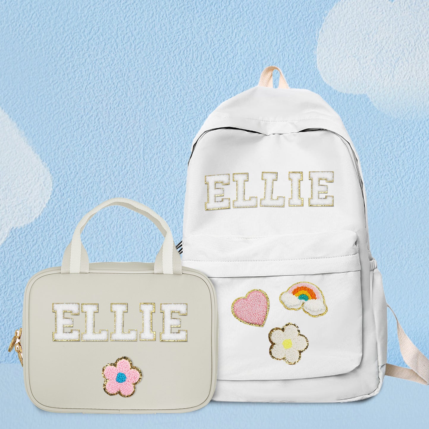 Packed personalised backpack with books and stationery alongside matching lunch bag – ready for back-to-school routine