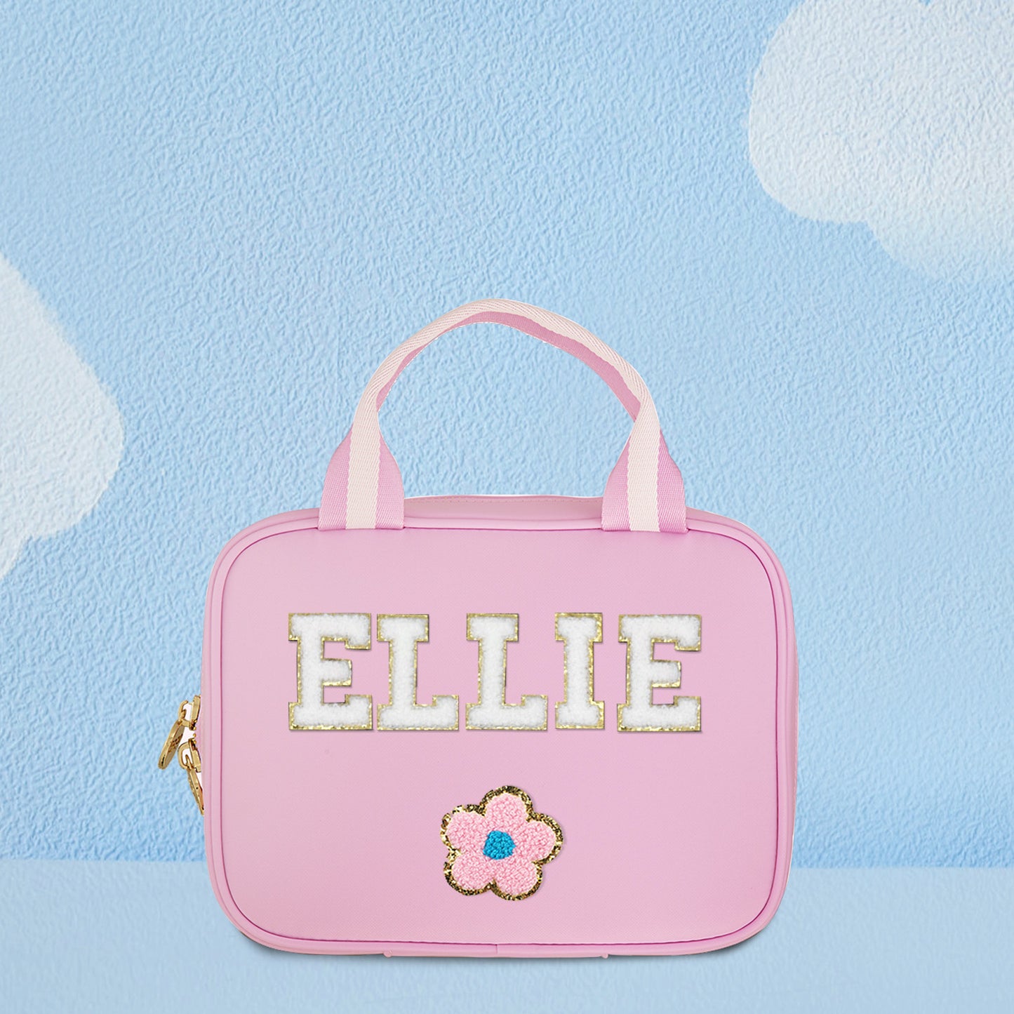 Front view of personalised name backpack with matching lunch bag – custom school bag in durable nylon with child’s name