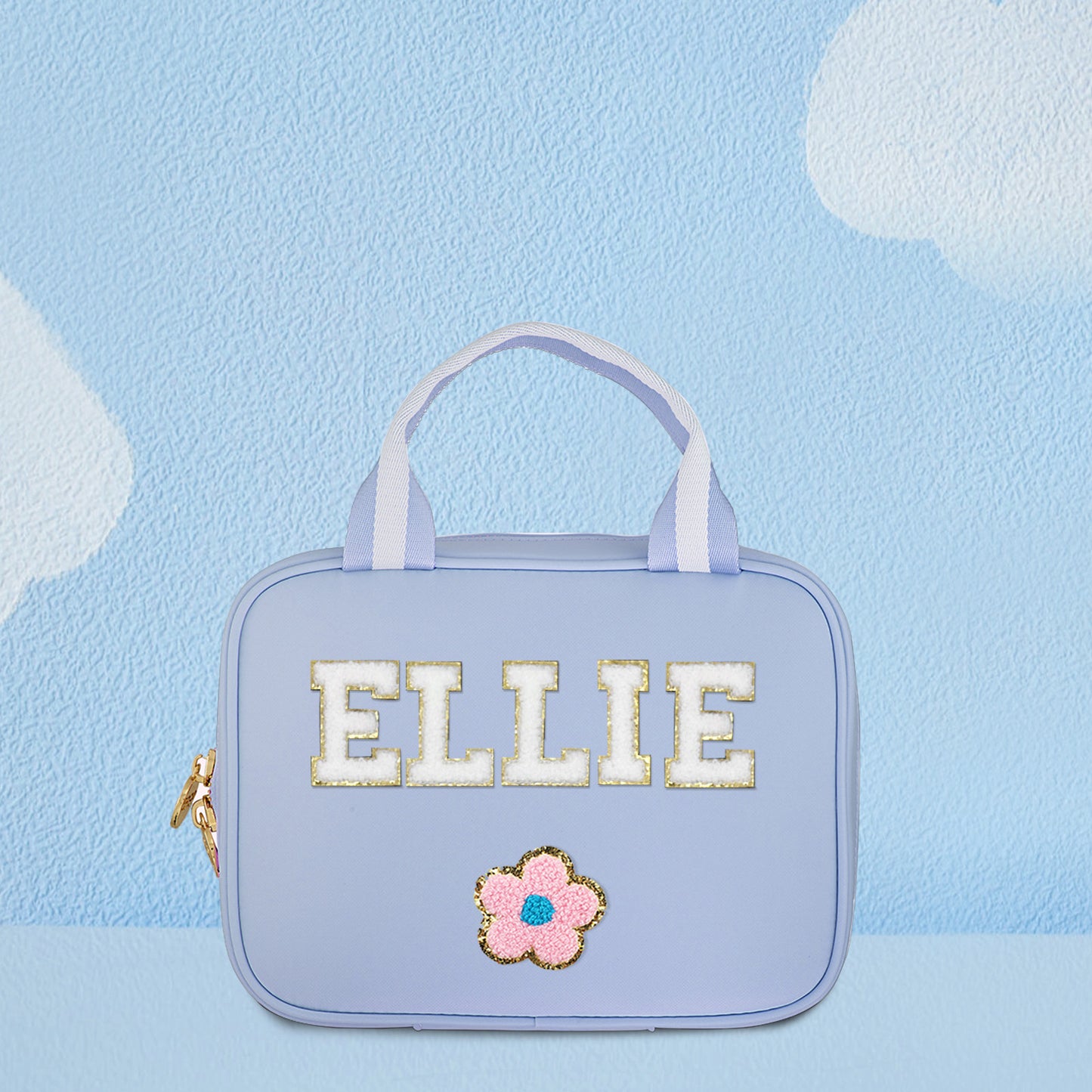 Insulated personalised lunch bag close-up with custom name – matching lunch carrier for school and day trips