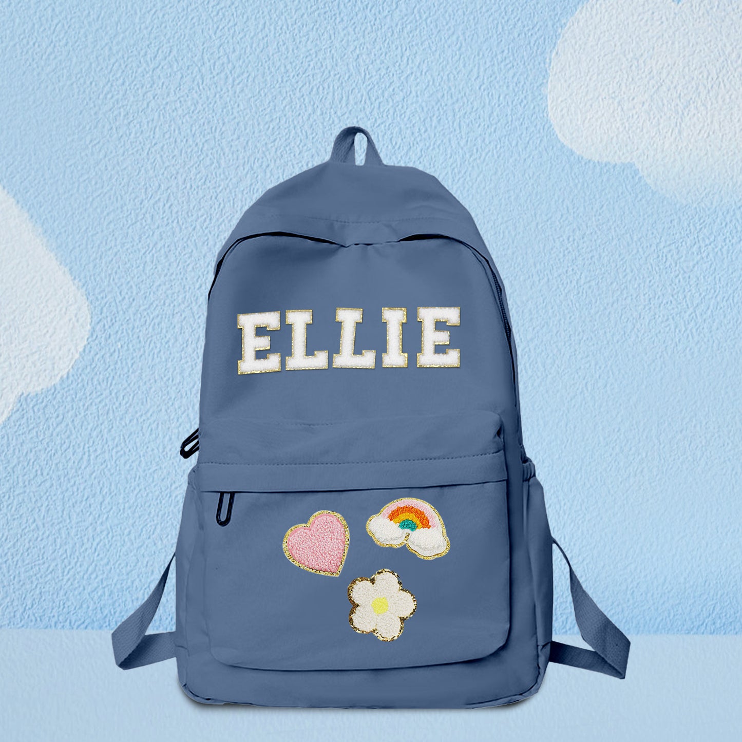 Side view with zip closure and external pocket of personalised name backpack – easy-clean nylon and secure storage for school items