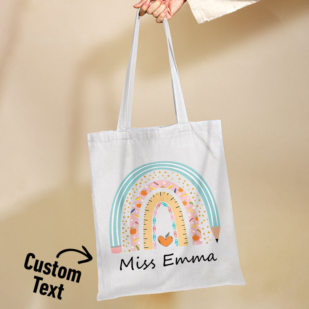Personalised teacher tote bag on neutral canvas with boho rainbow print and custom name on front — stylish, practical teacher gift