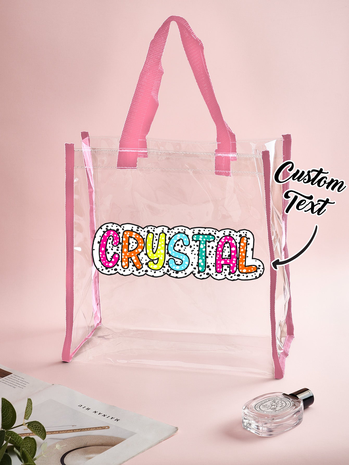Interior view of transparent personalised tote displaying organisation of cosmetics and essentials, ideal bridesmaid or travel bag