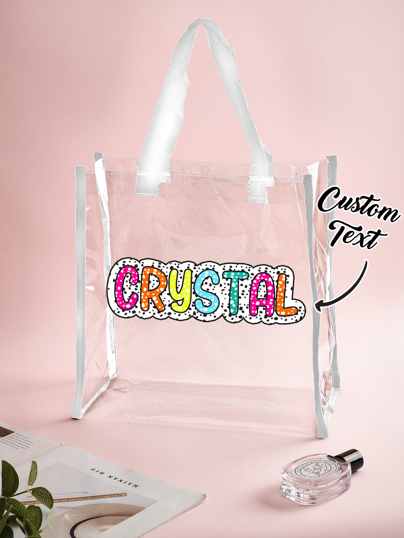 Multiple angle shots of the personalised clear tote highlighting customisable name area and spacious design for wedding day use