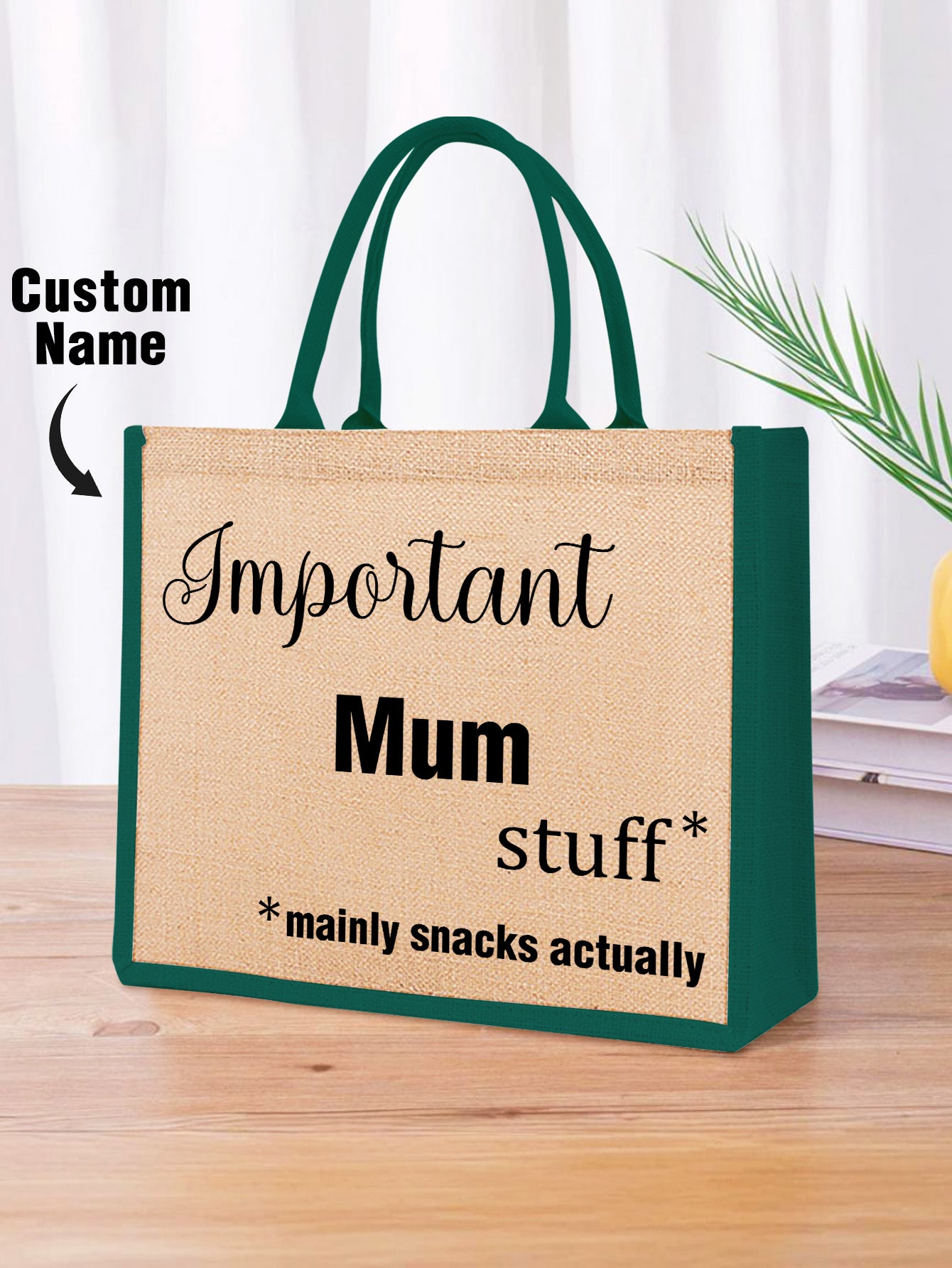 Side view of personalised engraved jute tote bag with reinforced handles — durable natural jute gift for women and teachers