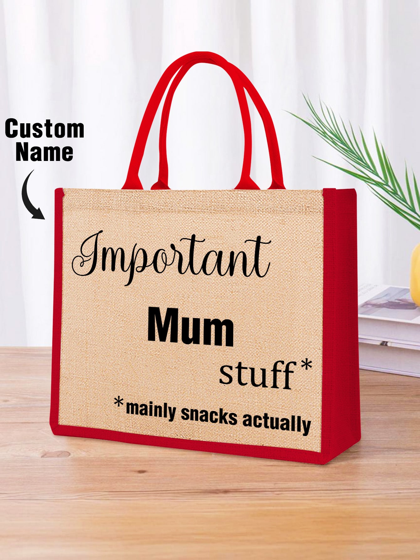 Examples of personalised text options engraved on jute tote bags — custom names, quotes and short messages