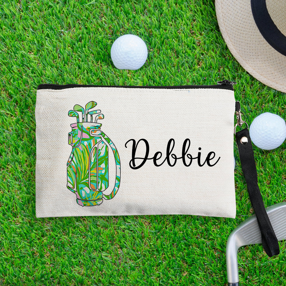 Golf-themed toiletry bag open showing interior pockets — personalised canvas cosmetics pouch and custom name makeup pouch for travel