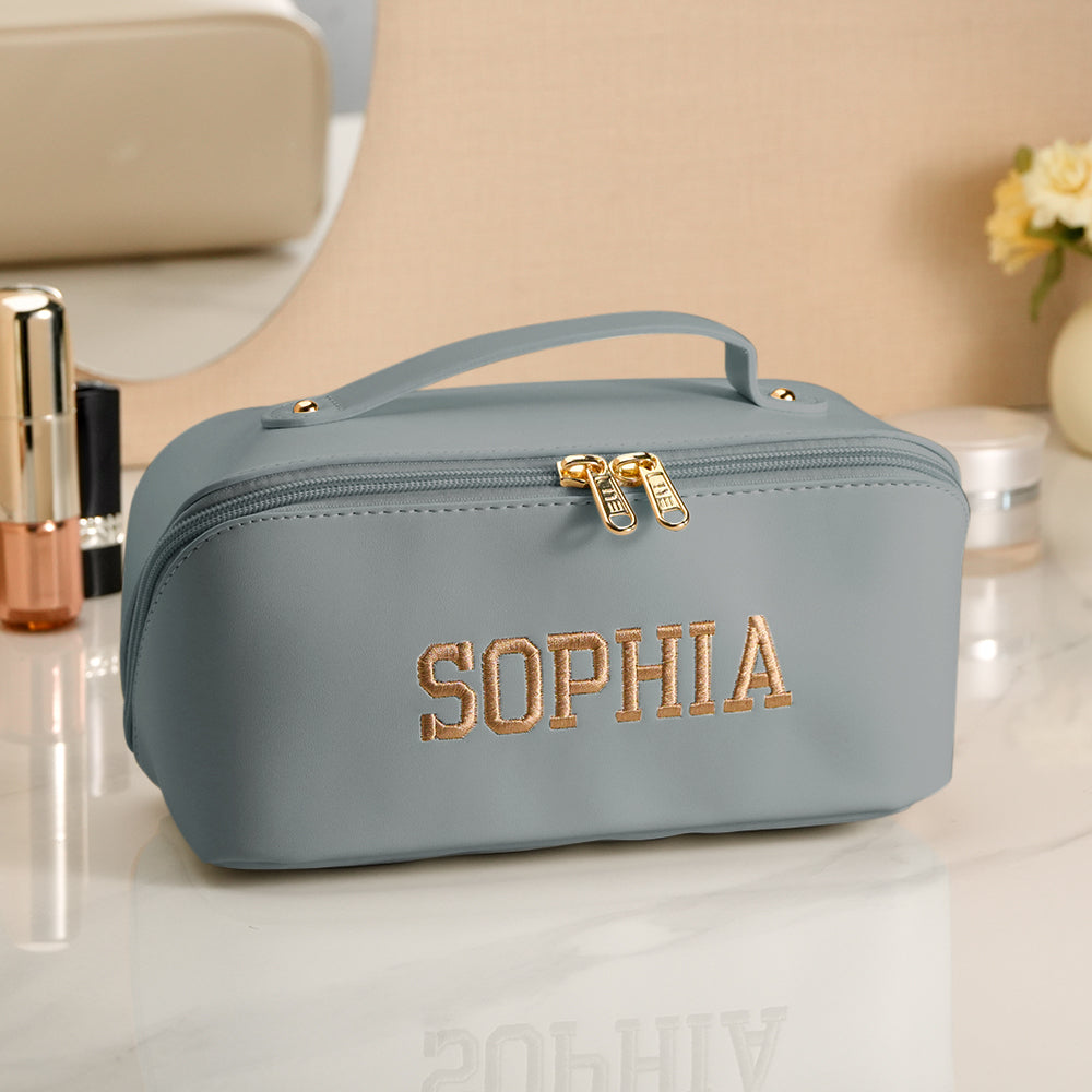 Personalised PU leather makeup bag in blush pink with embroidered name – waterproof travel cosmetics organiser, thoughtful gift for her