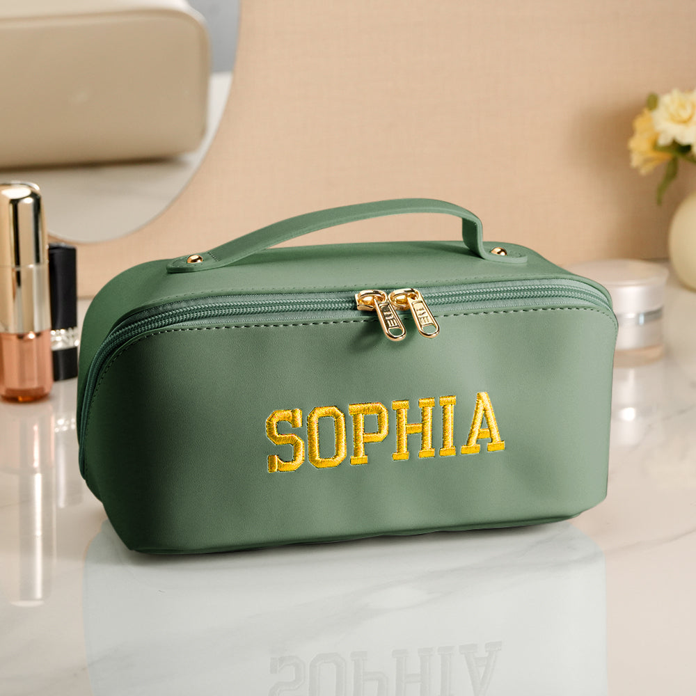 Personalised PU leather makeup bag in classic navy with embroidered name – elegant and durable travel makeup organiser (9.25 x 4.33 inches)