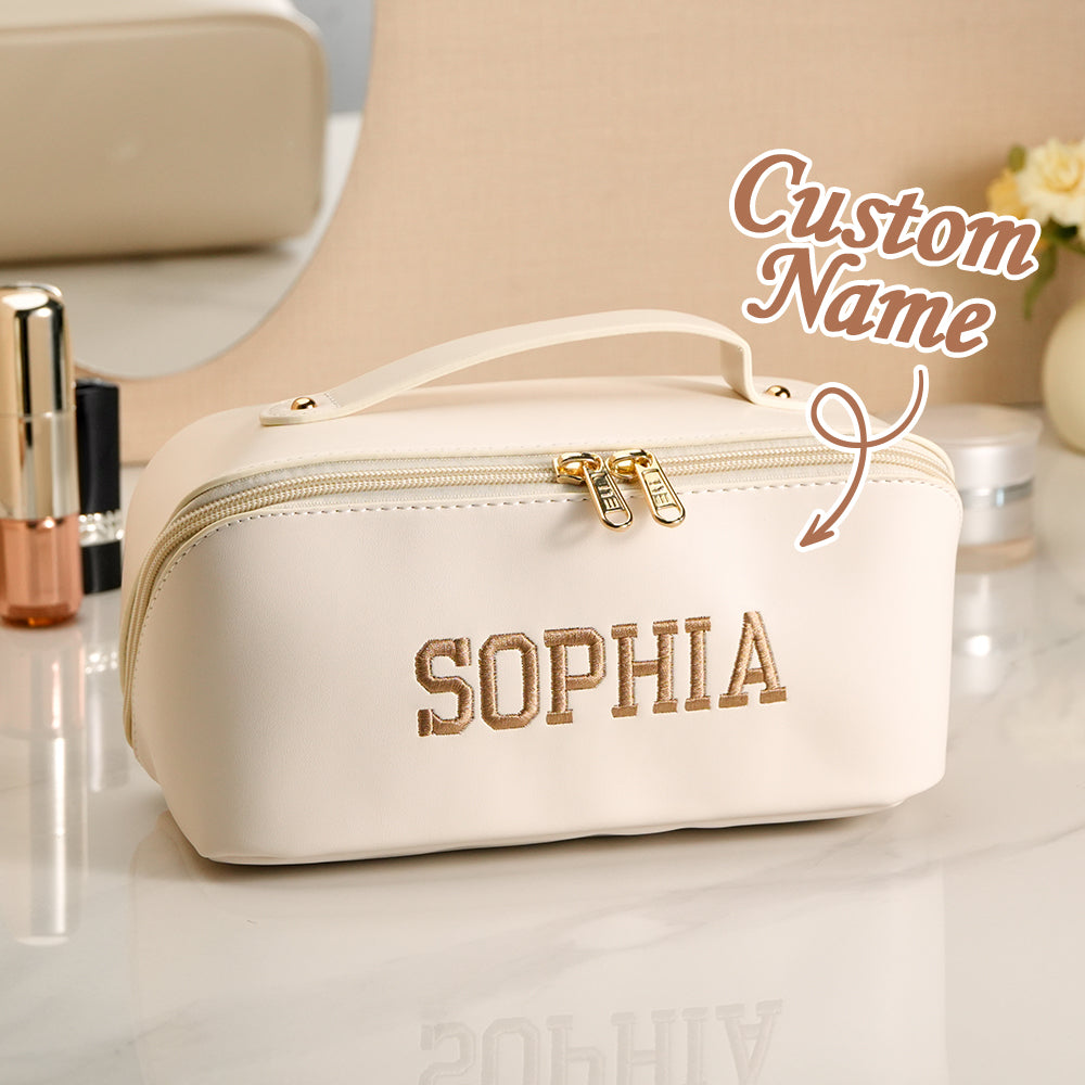 Personalised PU leather makeup bag in black with embroidered name – sleek waterproof cosmetics organiser for daily commute and travel